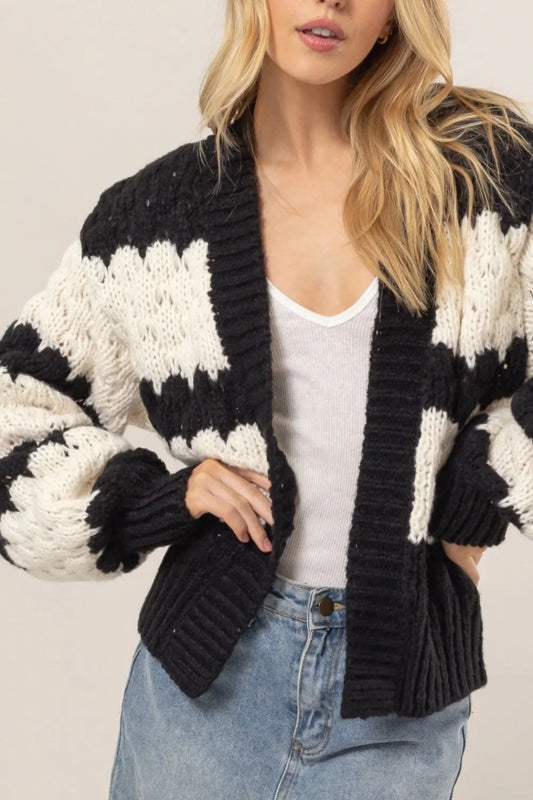 Scallop Striped Open Front Long Sleeve Sweater Cardigan for Women