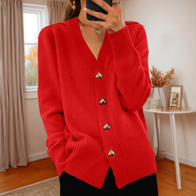 New Autumn & Winter Solid Color Long Sleeve V-Neck Knitted Cardigan