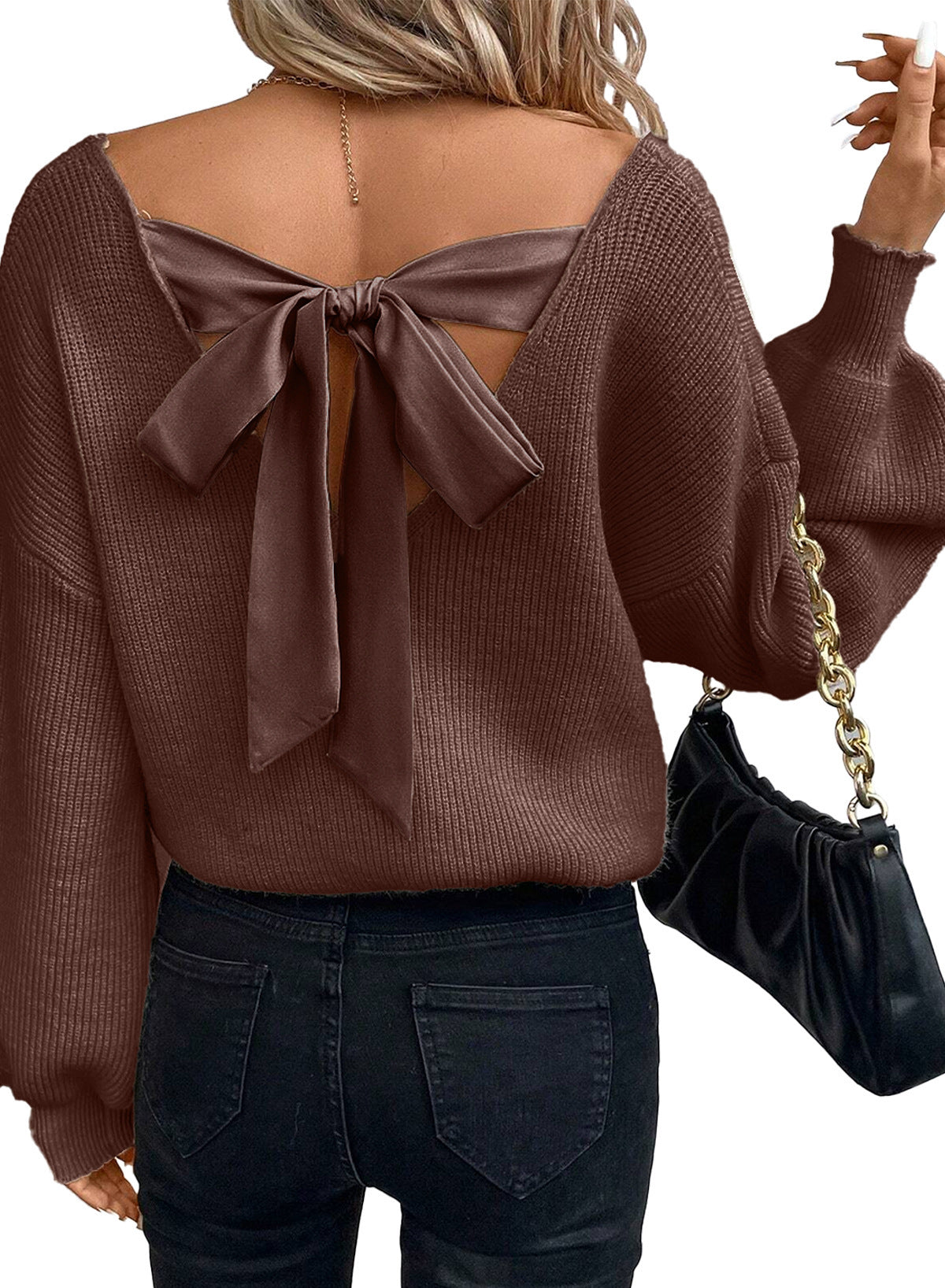 Women's Solid Color Long Sleeve Sweater - Casual Loose Fit with Bow Detail