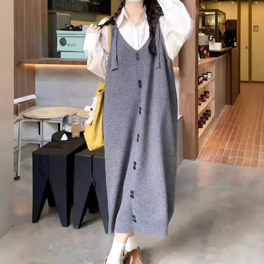 Autumn And Winter Pure Color Korean Fashion Casual Dress