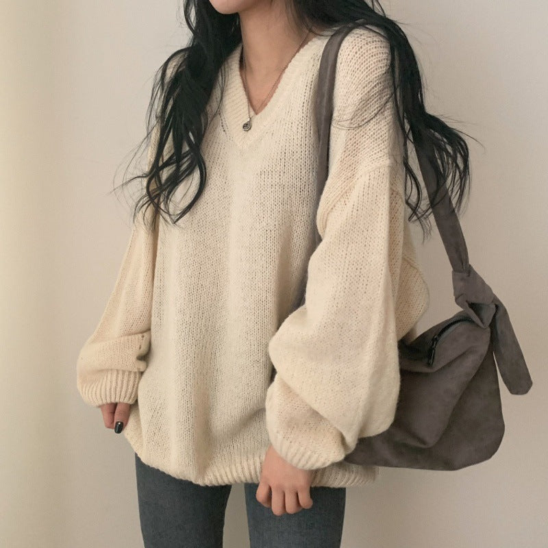 Women's Solid Color V-Neck Long Sleeve Pullover Sweater