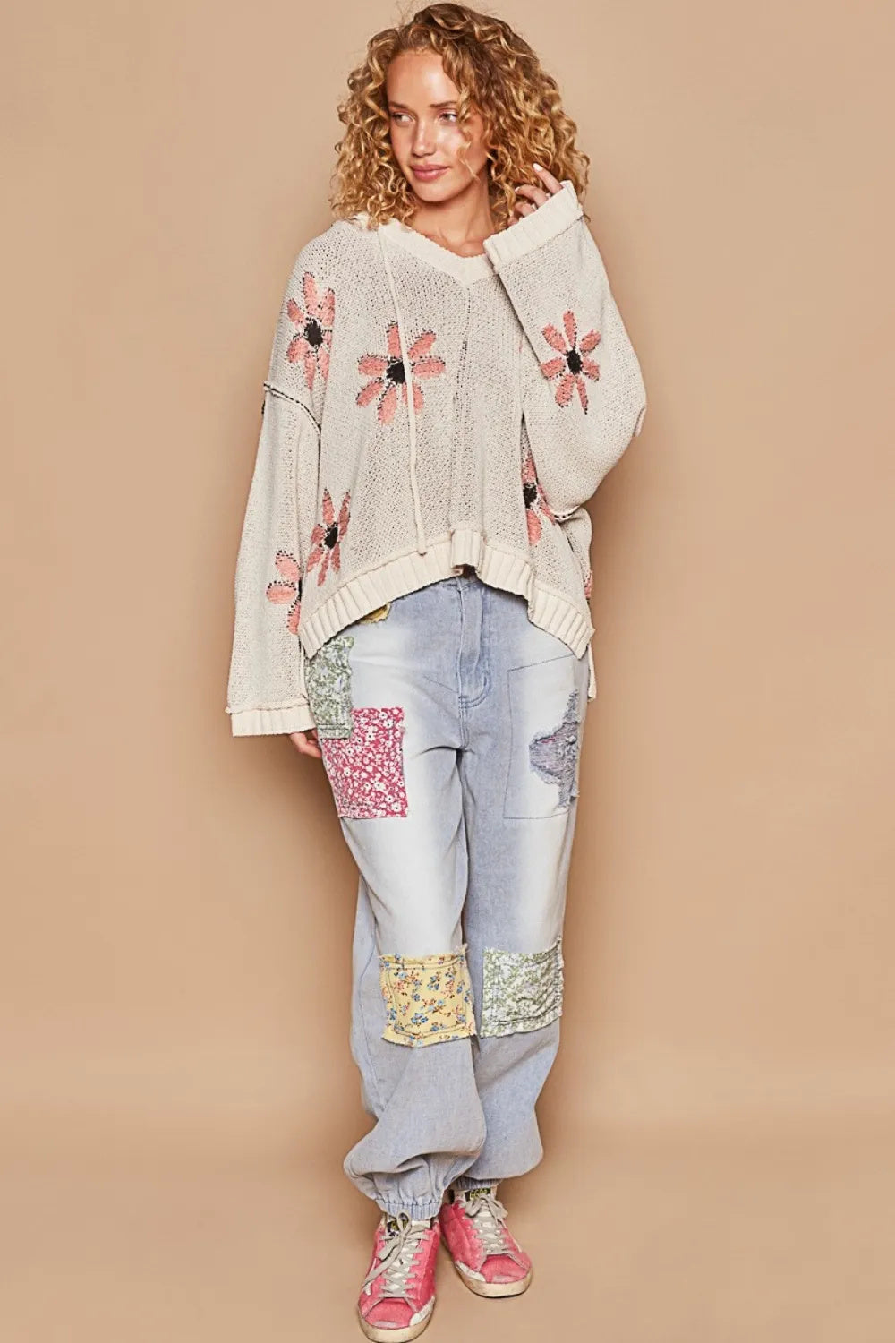 Floral Pattern Hooded High-Low Sweater for Women