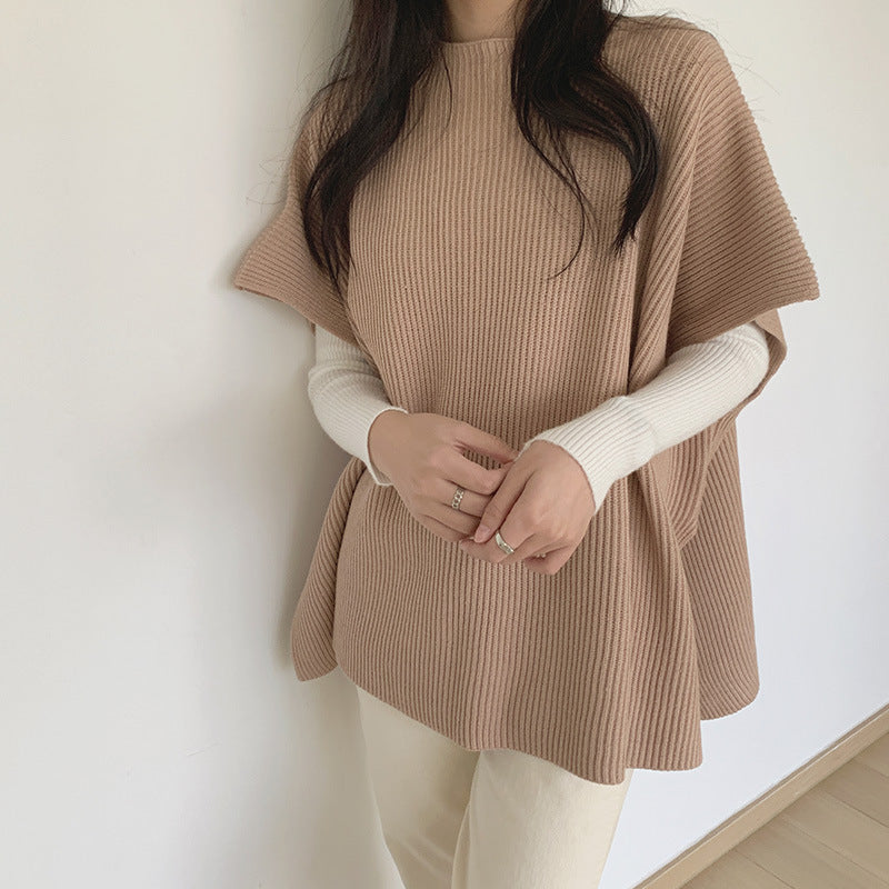 Elegant Loose-Fit Slimming Cape Cloak Sweater - Lightly Mature Style