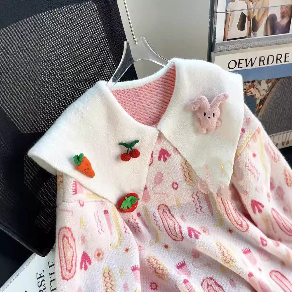 Women's Sweet Sweater with 3D Doll Collar Design