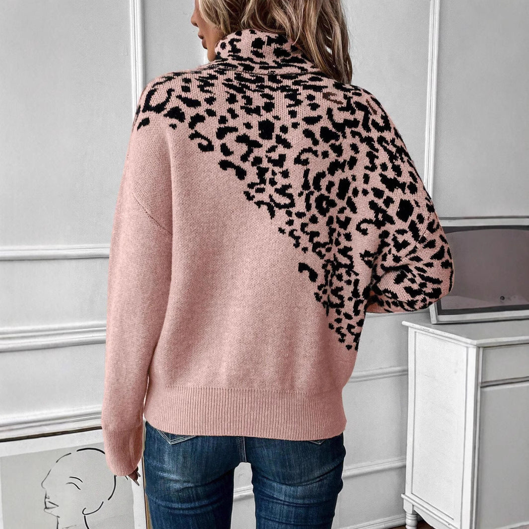 Turtleneck Leopard Print Sweater – Long Sleeve Loose Fashion Casual Style