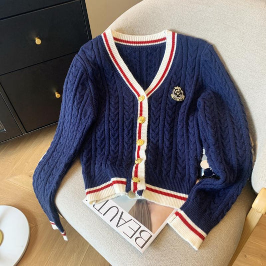 V-Collar Contrast Color Knitted Cardigan with Waist Slimming Cable-Knit Sweater for Women