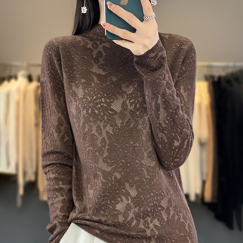 Women's Fashionable Half Turtleneck Hollow-Out Sweater, Loose-Fit Pullover Knit