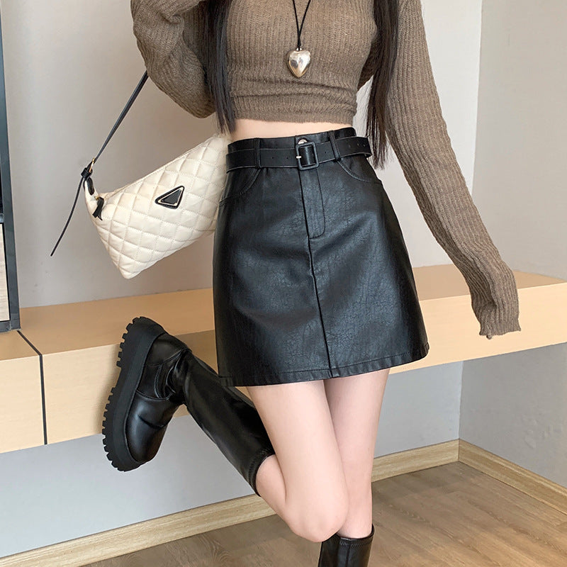 American Retro Hot Girl A-Line Leather Skirt