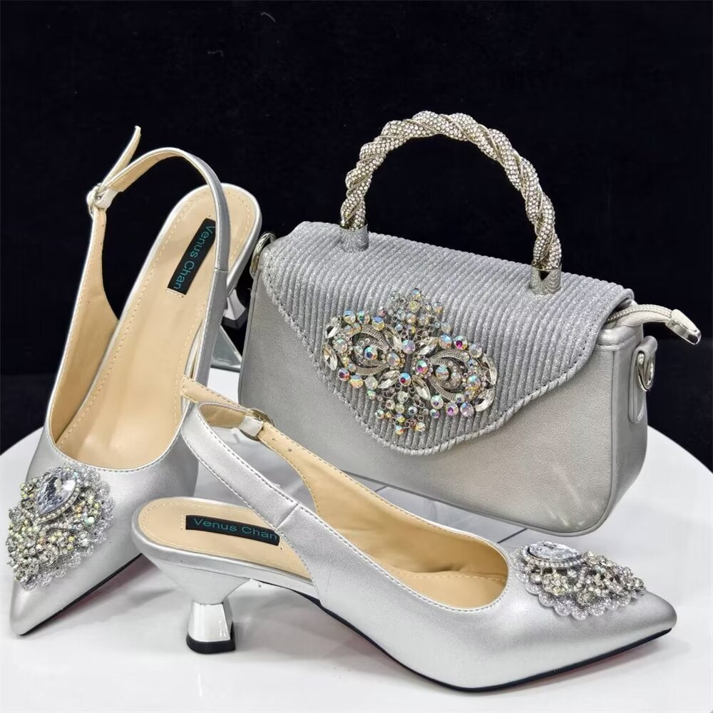 Casual French Style Small Square Pointed Toe Slingback High Heels with Matching Women's Shoes and Bag Set