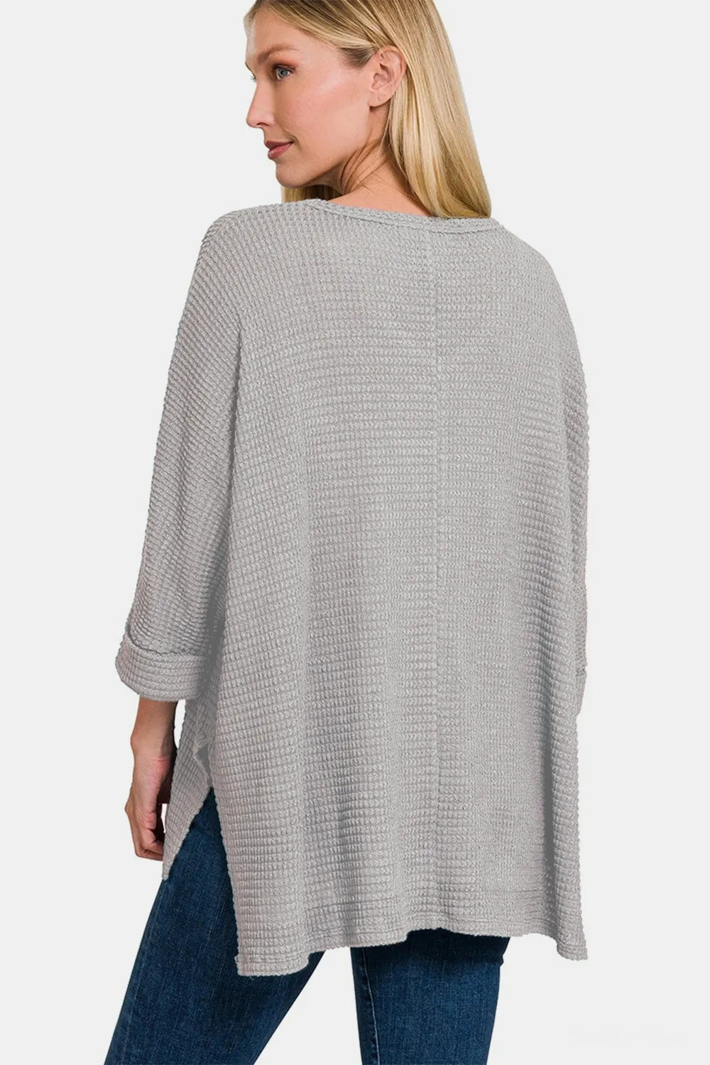 Zenana Waffle Knit V-Neck Long Sleeve Top with Side Slits