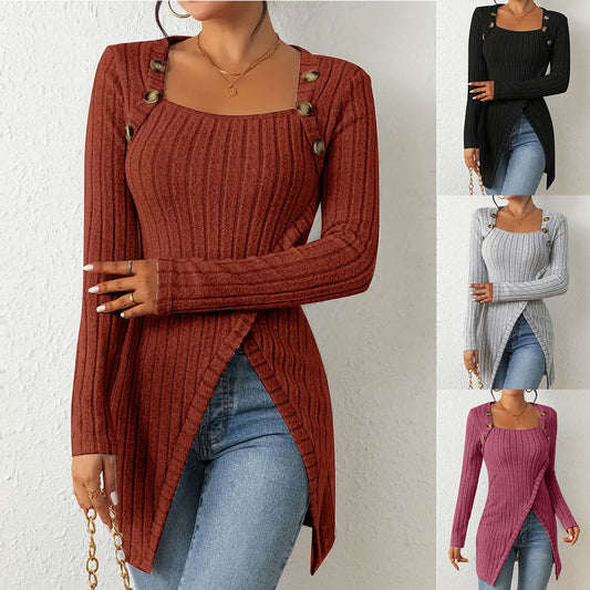 Knitted Irregular T-Shirt Top with Square Collar