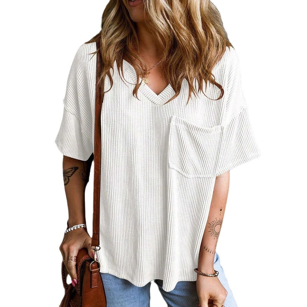 Two-Tone Pocket Short Sleeve V-Neck Top – Stylish and Casual