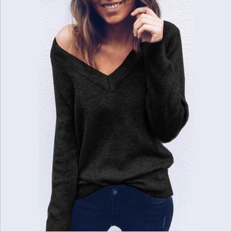 Women's Large V-Neck Long Sleeve Sweater Top