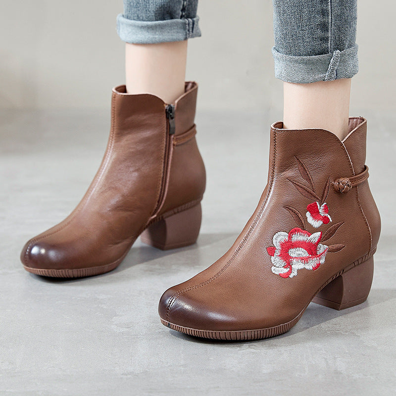 Fashionable Ethnic Style Martin Boots with Embroidery, Comfortable Cotton, and Thick Heels