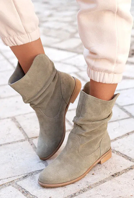 Women's Pile Style Ankle Boots – Round Toe, Low Heel, Chic and Comfortable