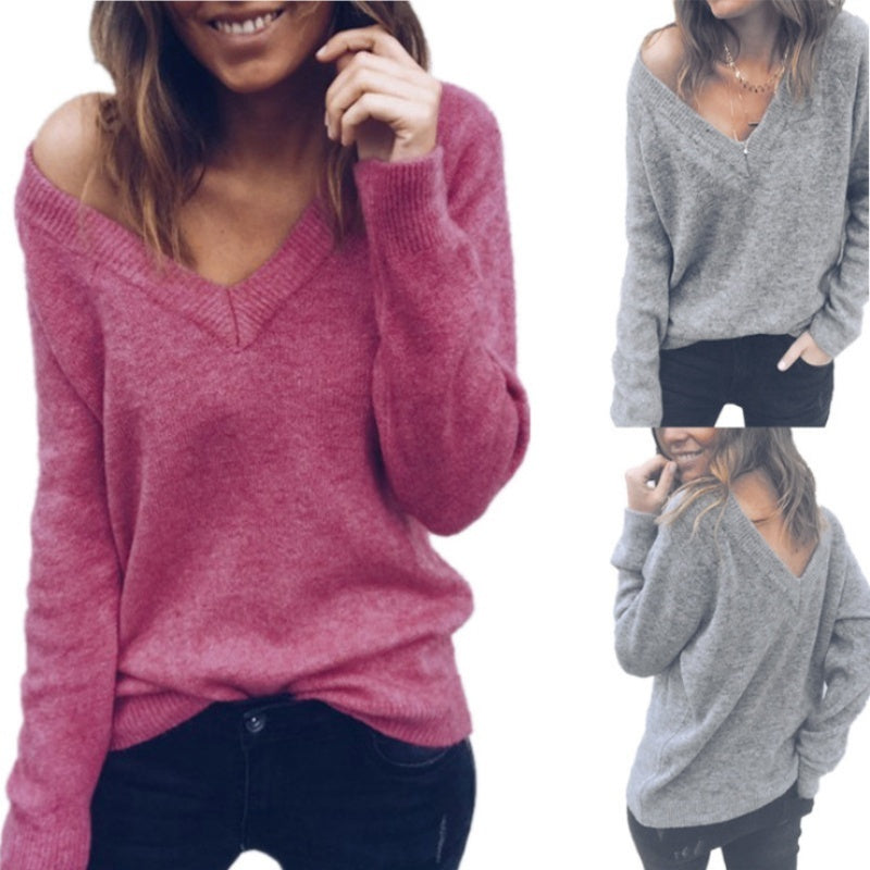 Women's Large V-Neck Long Sleeve Sweater Top