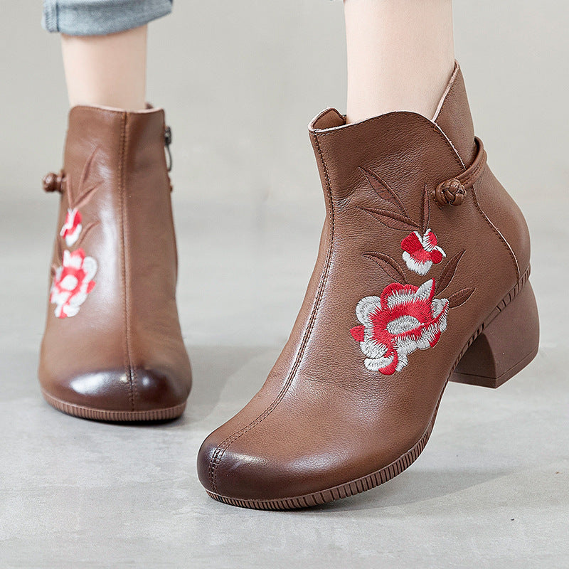 Fashionable Ethnic Style Martin Boots with Embroidery, Comfortable Cotton, and Thick Heels