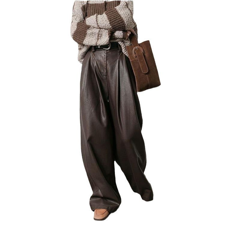 Vintage Brown Pleated PU Leather Pants for Women