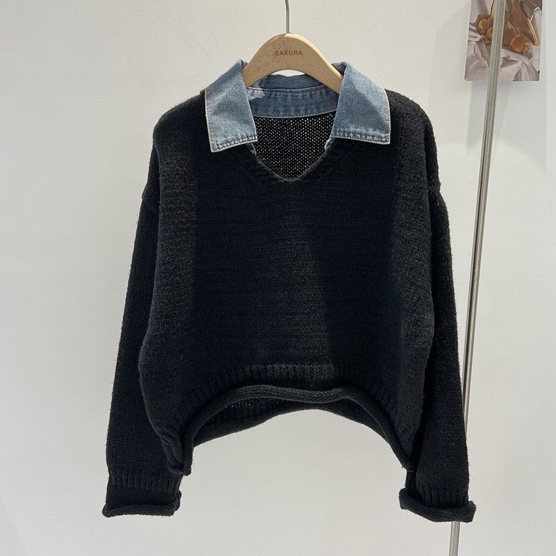 High-Grade Faux Two-Piece Knitted Top with Denim Stitching