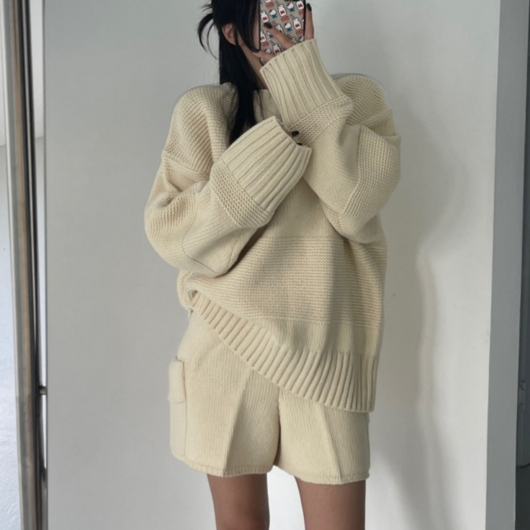 Fitted Long Sleeve Sweater with High-Waist Wide-Leg Shorts