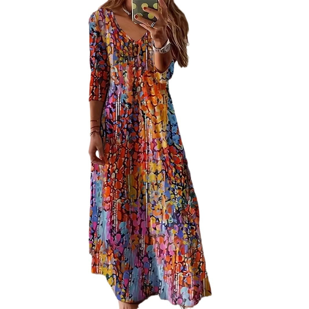 Women's Long-Sleeve Printed Dress with a Flowy Big Hem Design