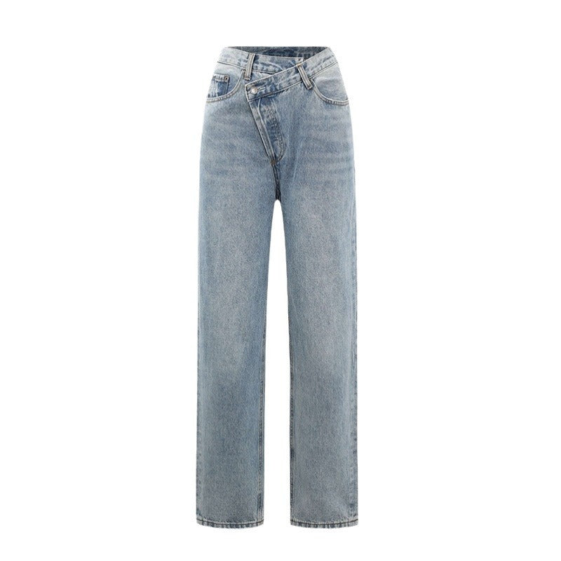 Waist-High Straight Irregular Oblique Buttoned Denim Trousers