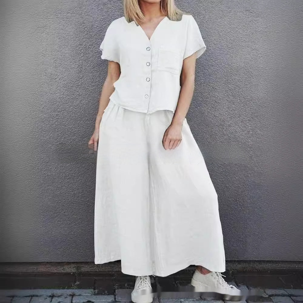 Women's Solid Color Short-sleeve Shirt and Wide-leg Pants Set