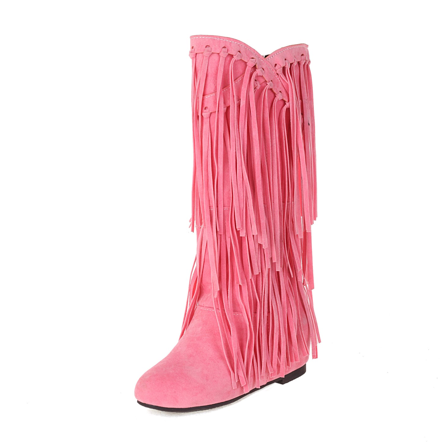 Autumn and Winter Tassel Round Toe Invisible Elevated Casual High Leg Boots for Women