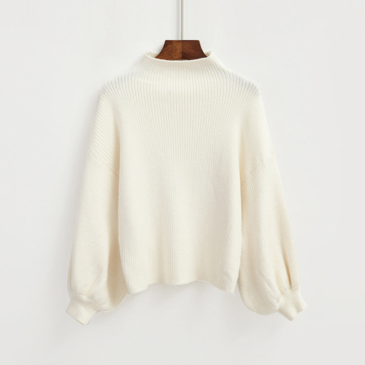 Half Turtleneck Lantern Sleeve Sweater – Loose Fit with Slimming Base Knitwear Design