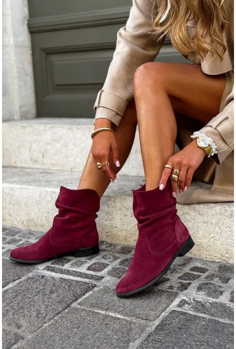 Women's Pile Style Ankle Boots – Round Toe, Low Heel, Chic and Comfortable