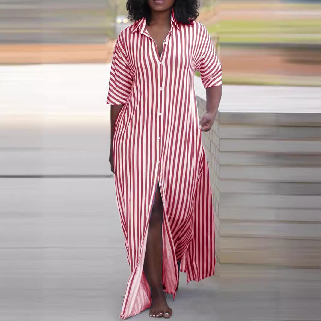 Women's Loose V-Neck Long Striped Shirt Dress