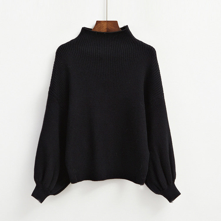 Half Turtleneck Lantern Sleeve Sweater – Loose Fit with Slimming Base Knitwear Design