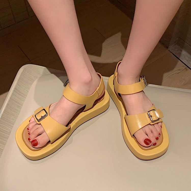 Flat Platform Sandals with Open Toe and Belt Buckle