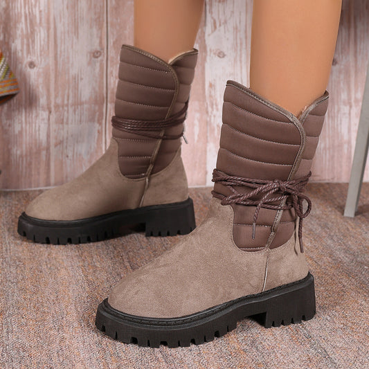 New Chunky Heel Mid-Tube Snow Boots for Women – Winter Warm Fleece Lined with Lace-Up Design