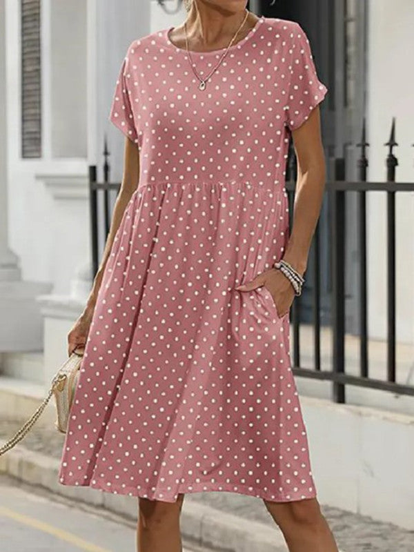 Summer Short Sleeve Round Neck Pocket Polka Dot Print Dress