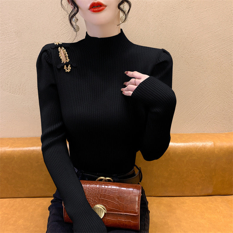 Women's Autumn and Winter National Style Puff Sleeve Half Turtleneck Slim-Fit Sweater