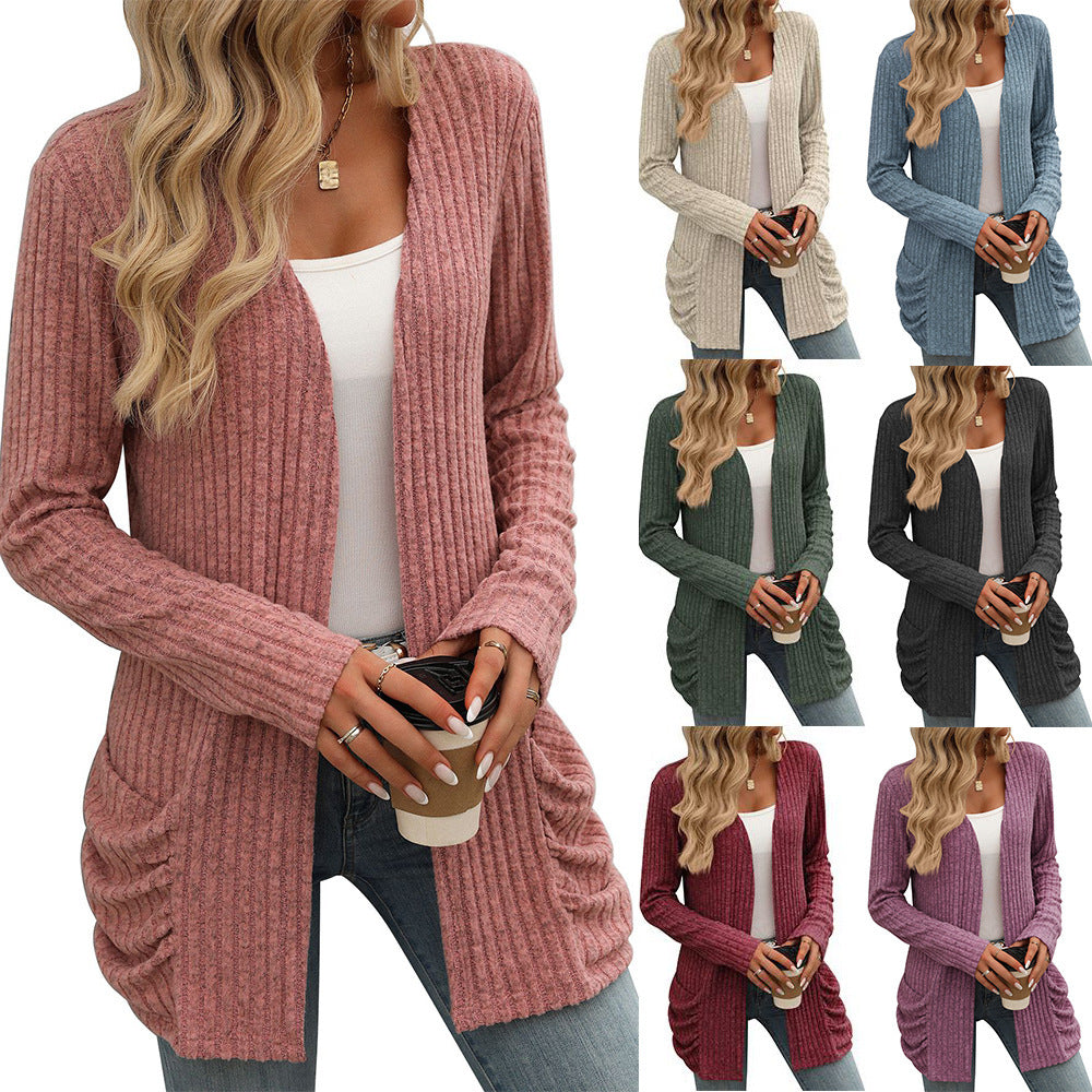 Solid Color Ribbed Brushed Pocket Cardigan – Long Sleeve Coat for Women