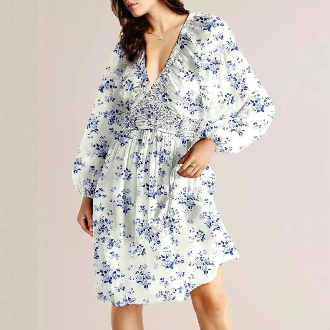 Floral V-Neck Long Sleeve Dress – Pleated with Elastic Waist for a Flattering Fit