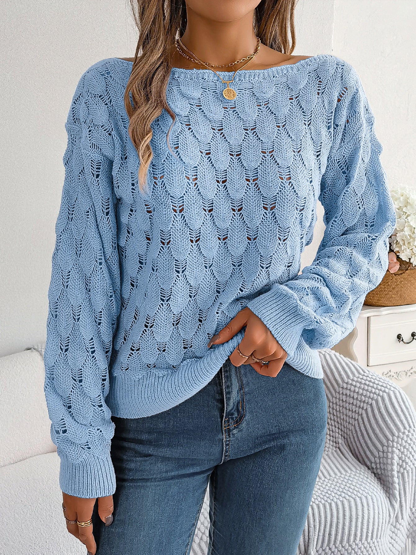 Hollow-Out Off-Shoulder Sweater with Off-Neck and Lantern Sleeves