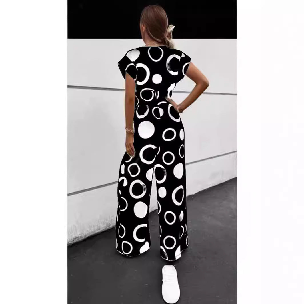 Fashionable Elegant V-Neck High-Waist Printed Wide-Leg Belted Jumpsuit