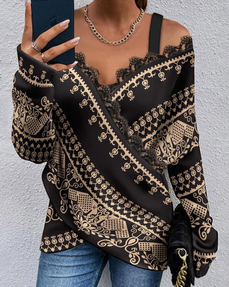 Lace-Trim Printed Long-Sleeve Top