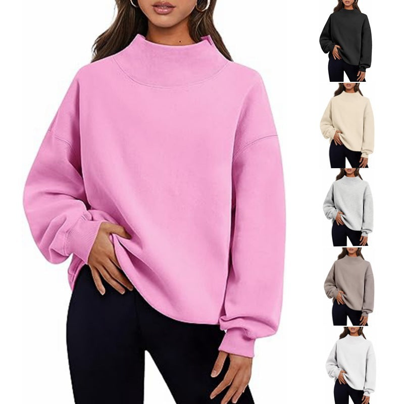 Casual Fleece Shirt with Thick Half Turtleneck, Loose Women's Sweater