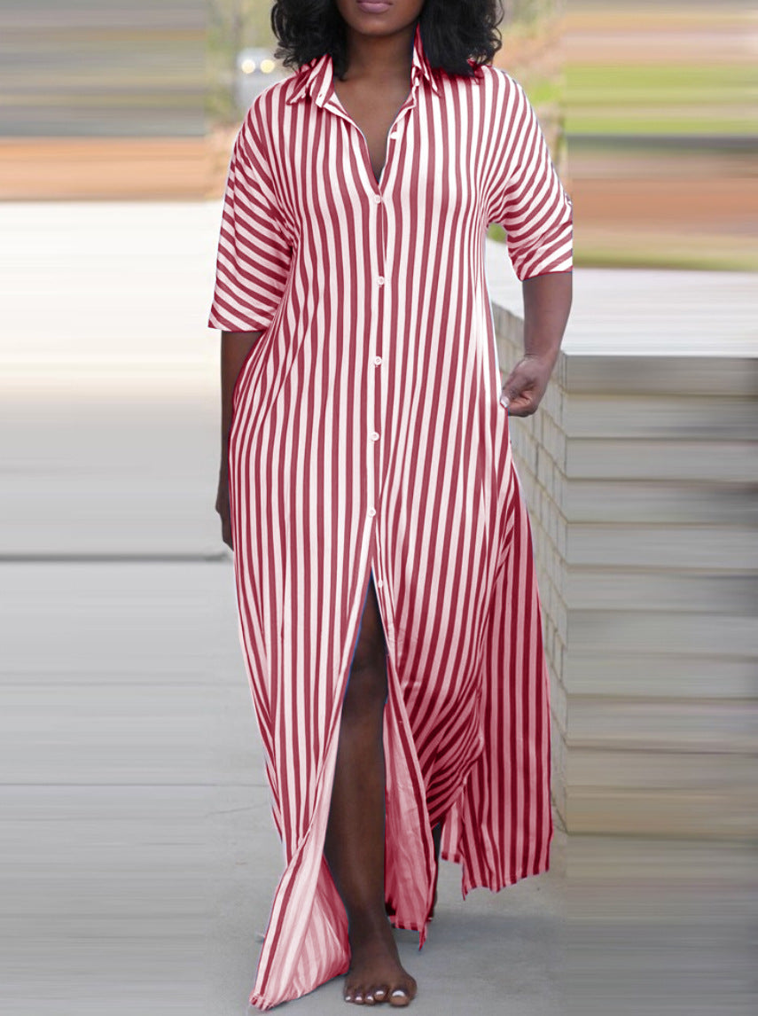 Women's Loose V-Neck Long Striped Shirt Dress