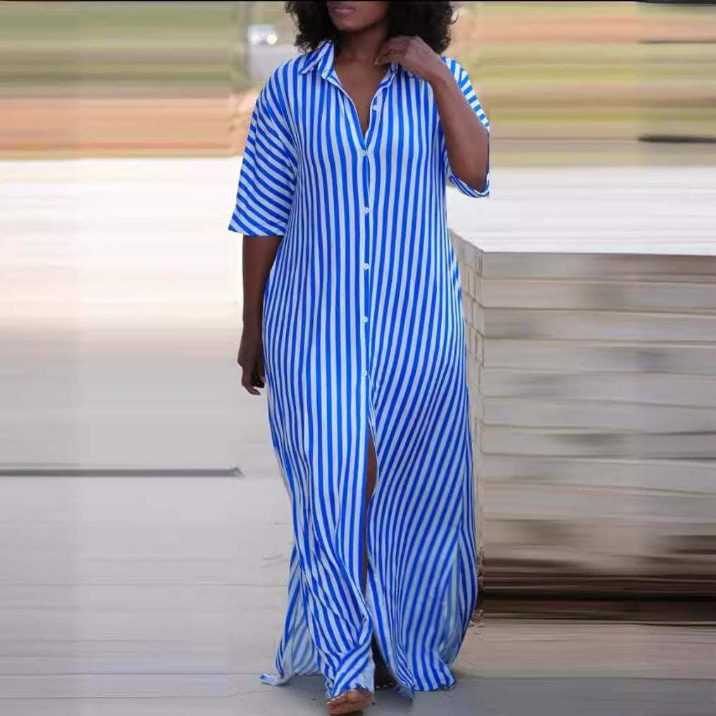 Women's Loose V-Neck Long Striped Shirt Dress