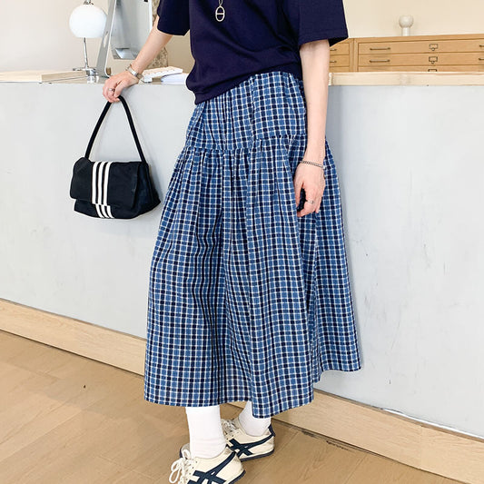 Blue Plaid High Waist Slim A-line Skirt