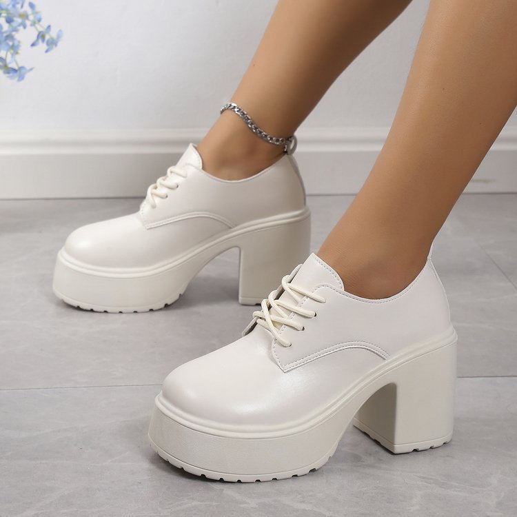 Chunky Heel Lace-Up High Heel Small Leather Shoes for Women