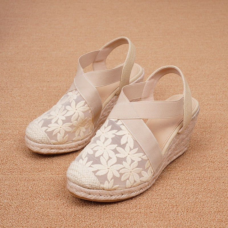 Women's Retro Wedge Shoes with Straw Mesh and Embroidered Design