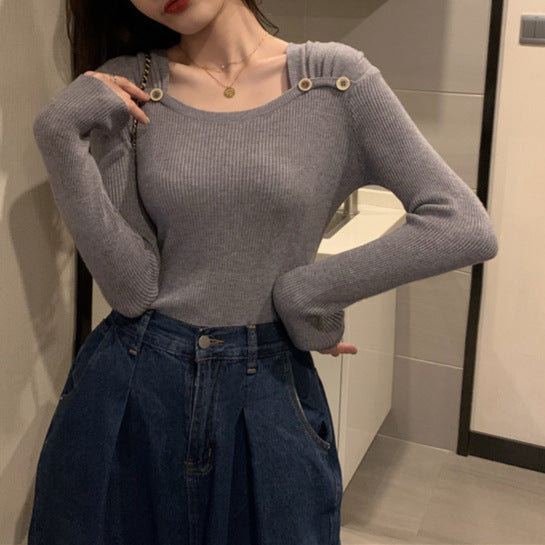 Women's Square Collar Long Sleeve Knitted Top