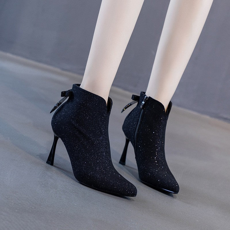 Women's Bow Booties with Stiletto Heels and Pointed Toes