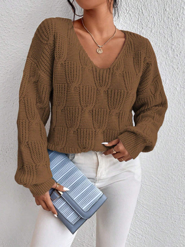 Loose-Fit V-Neck Solid Color Knit Pullover Sweater - Casual and Cozy Style